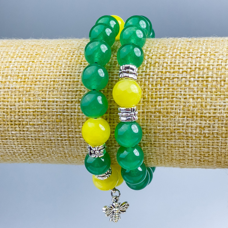 Bracelet "Ukraine" pair Jadeite, Citrine (artificial acrylic), diameter 10mm± smooth beads with silver inserts on elastic, length 18cm+