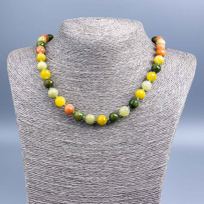 Assorted Beads Necklace of Natural Stone, Faceted Round Beads, 10mm diameter ±, 47 cm length