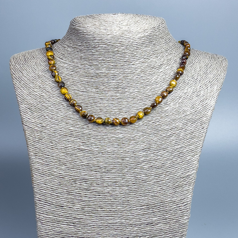 Tiger's Eye Necklace, Natural Stone, Faceted Coin Beads, 6x5 mm, Length 48 cm