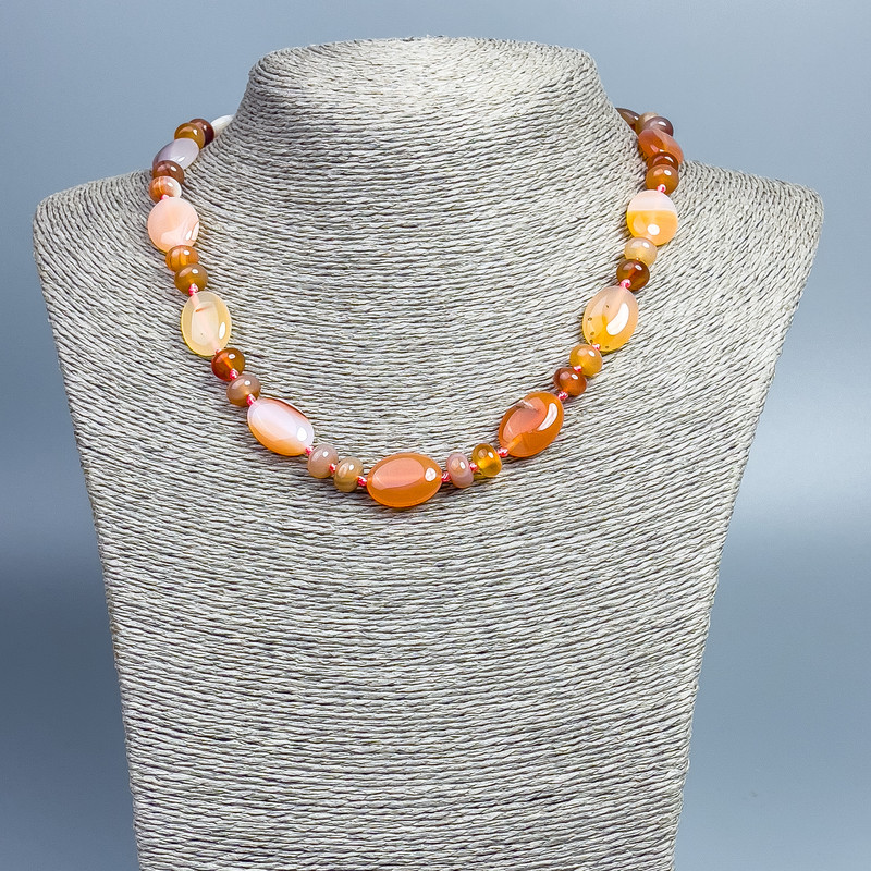 Carnelian Necklace of Natural Stone, Oval Beads 18x12mm ±, Rondelle 8x5mm ±, Length 46cm ±
