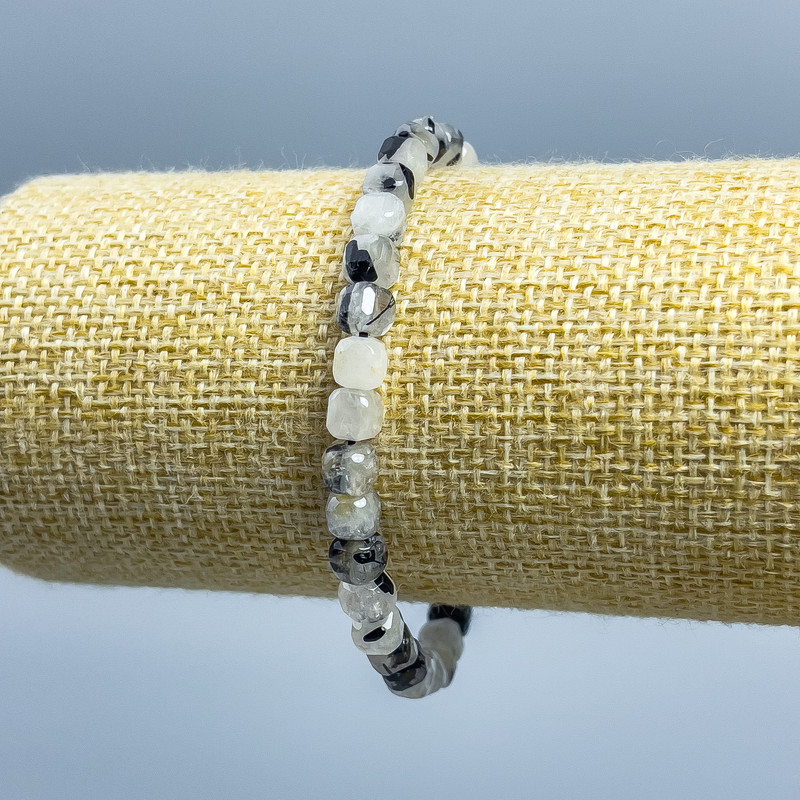 Bracelet with Hair Quartz - Natural Stone, Faceted Cubes, 5.5x5.5x5 mm, 18 cm (stretch)
