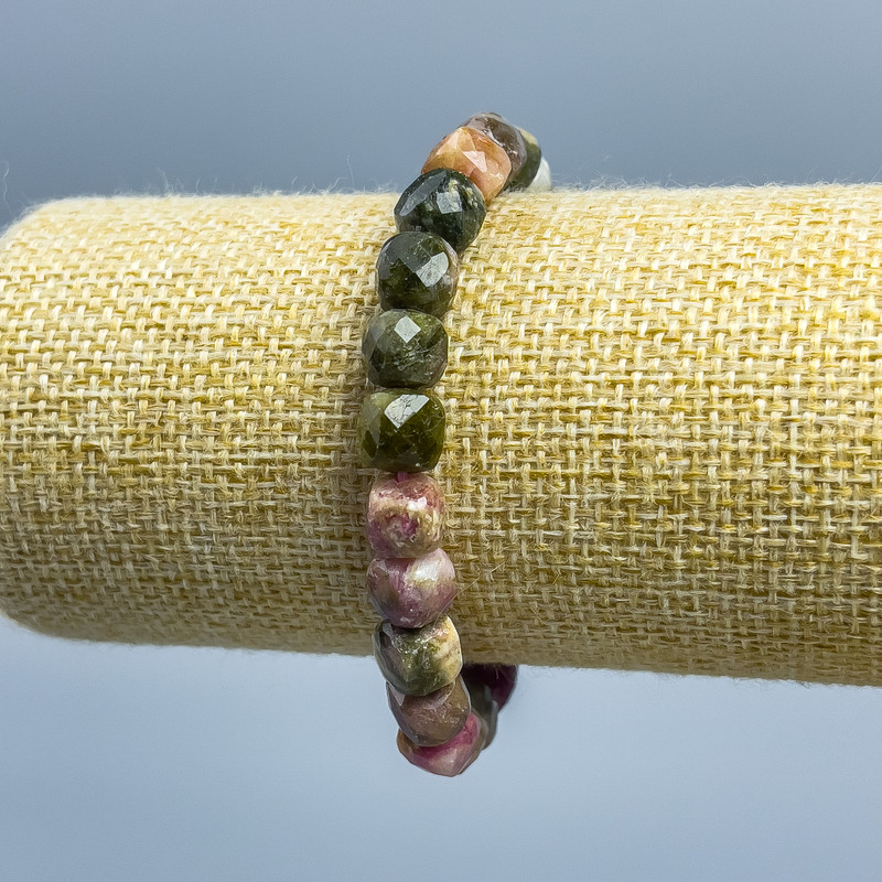 Tourmaline Natural Stone Beaded Cube Bracelet, 9x9mm, stretchy, 18cm
