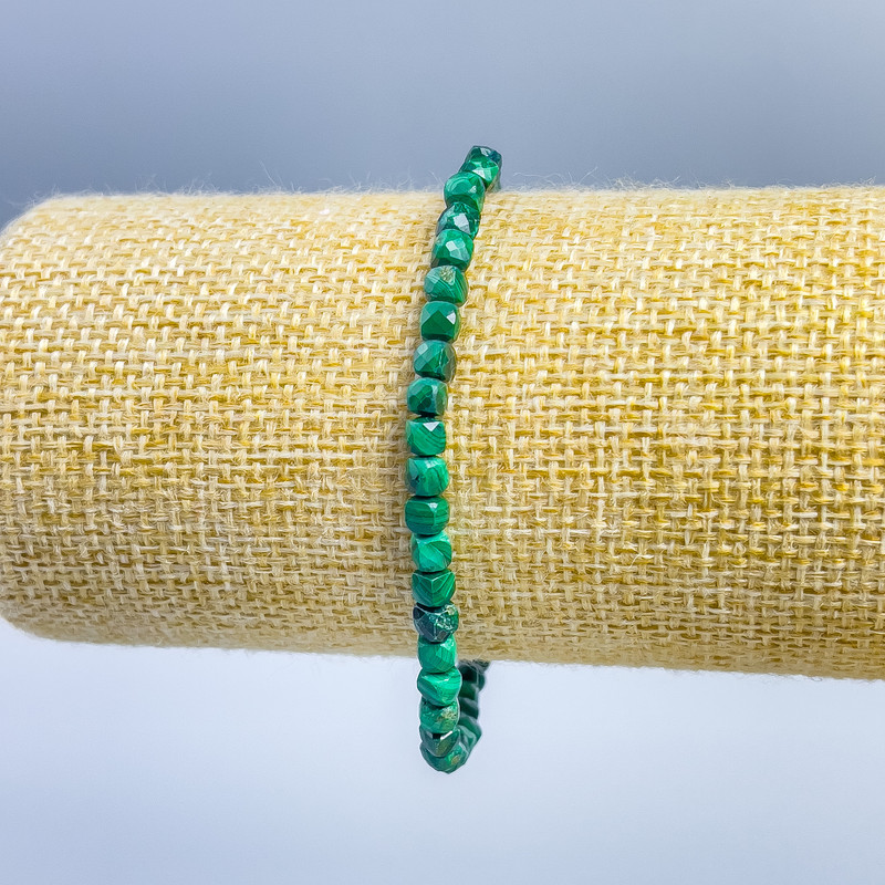 Malachite Bracelet, natural gemstone, faceted cube, 4x4 mm, stretchy, length 18 cm