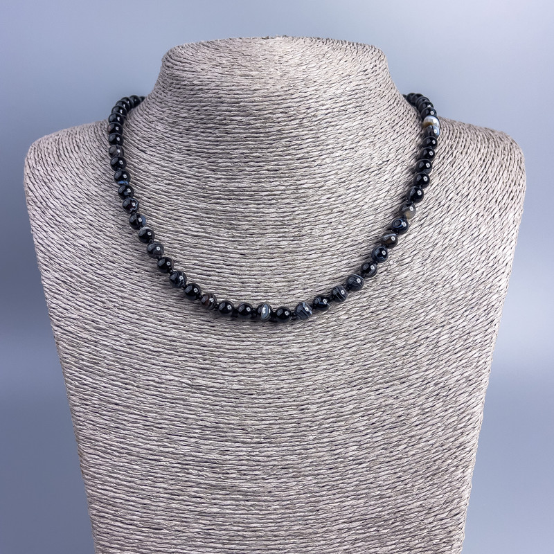 Natural Stone Necklace Agate Black Smooth Bead, 6mm Diameter, 48cm Length +