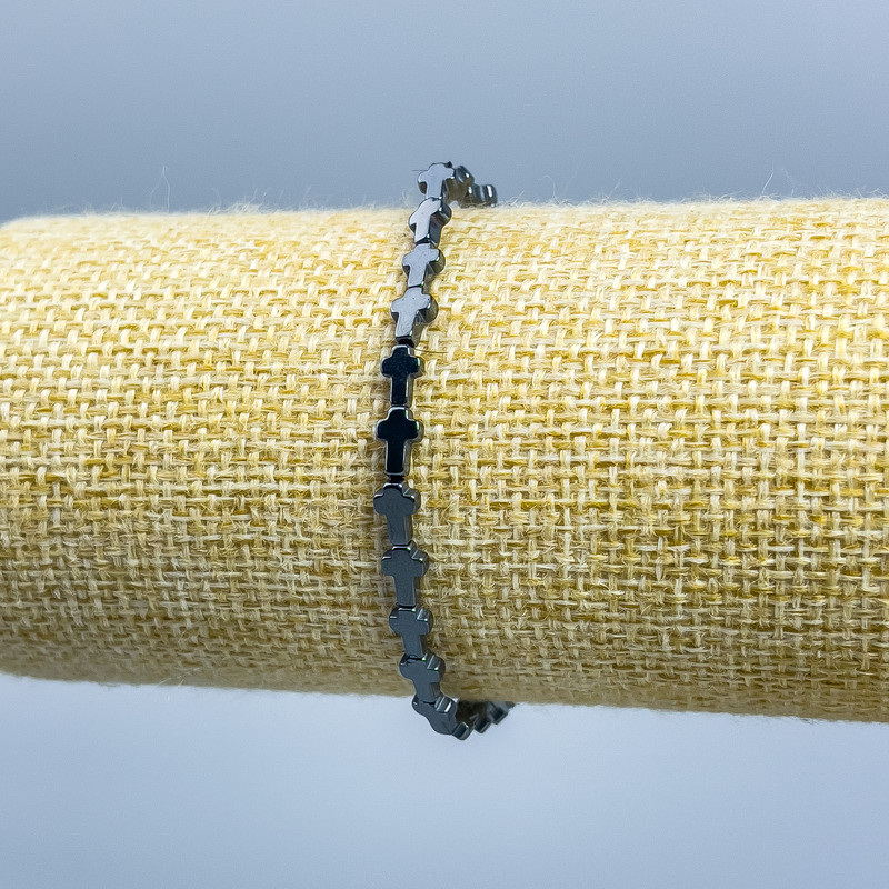 Hematite Cross Bracelet, 6x4 mm beads, stretchy, 18 cm