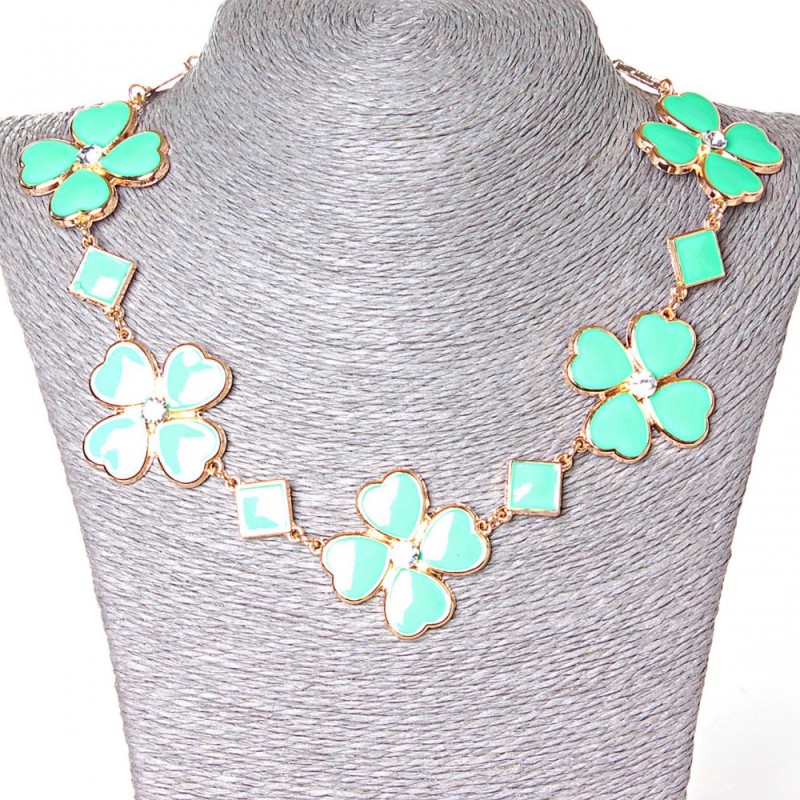 Necklace with Diamonds and Flowers in Gold-Toned Metal and Aquamarine Gloss (15-35 mm)