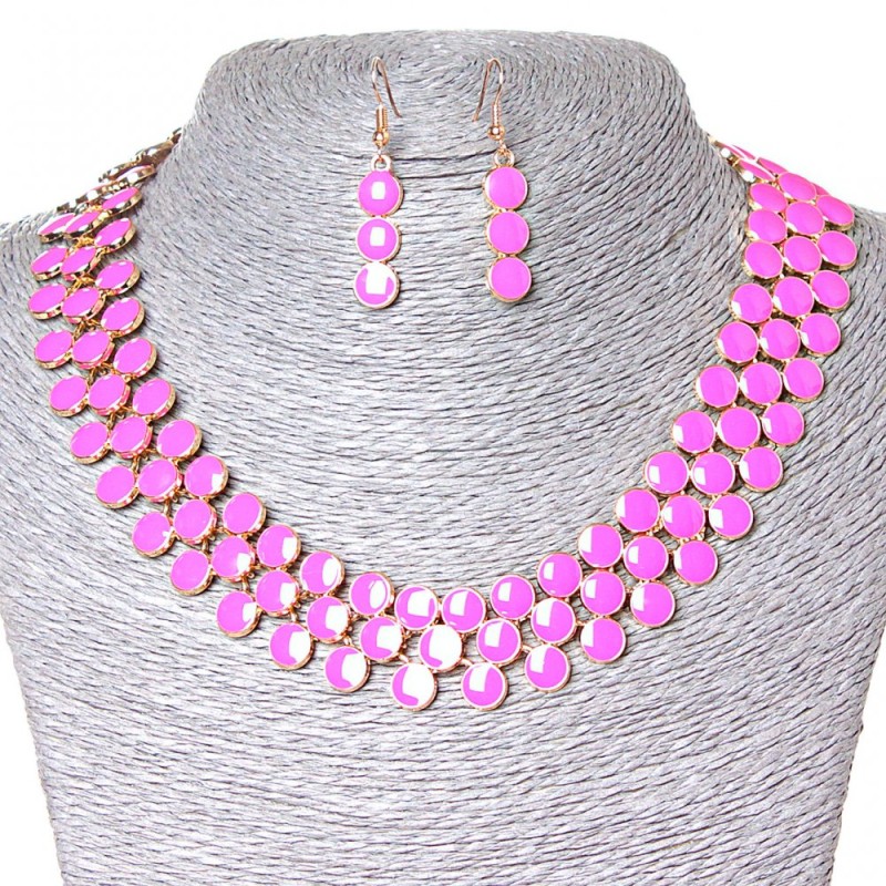 Set Necklace + Earrings 'Berries', Gold-tone Metal and Pink Shine