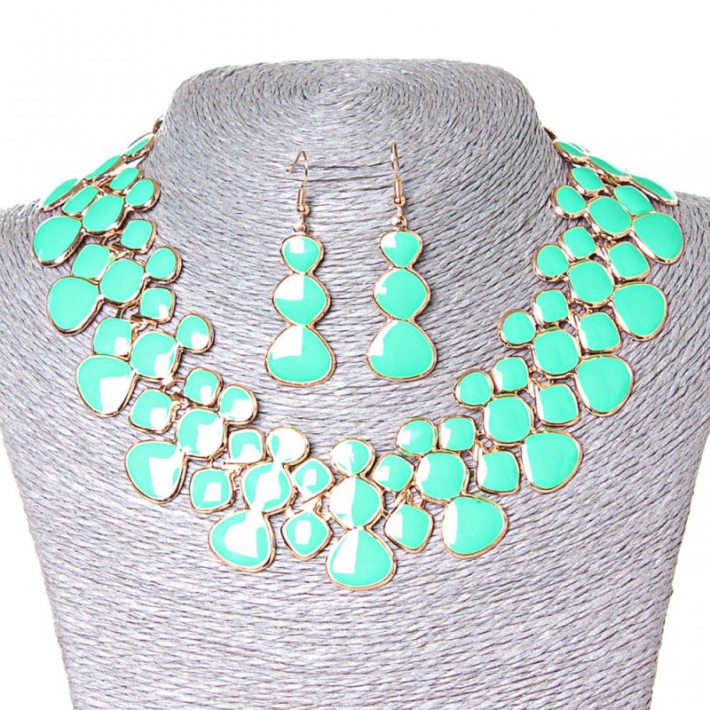 Necklace Set + Earrings Lava-Lamp, Gold metal and Aquamarine glossy finish