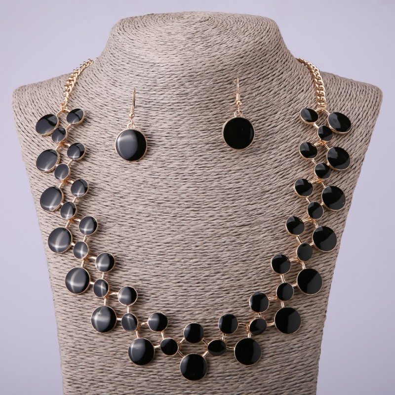 Necklace and Earrings Set in Black Enamel, length 57-64 cm