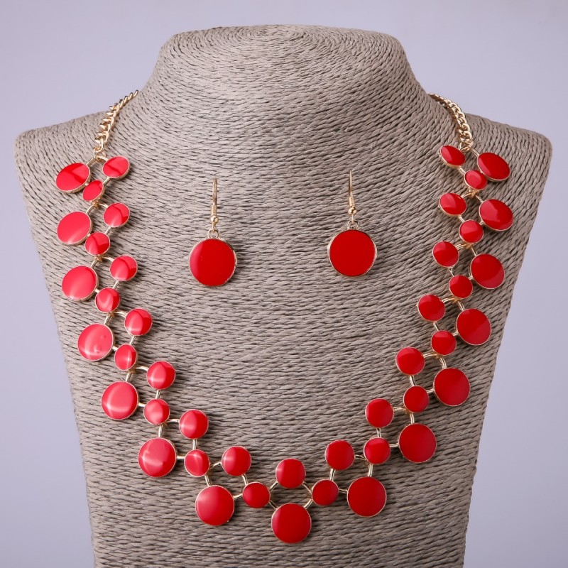Necklace and Earrings Set with Red Enamel, length 57-64 cm