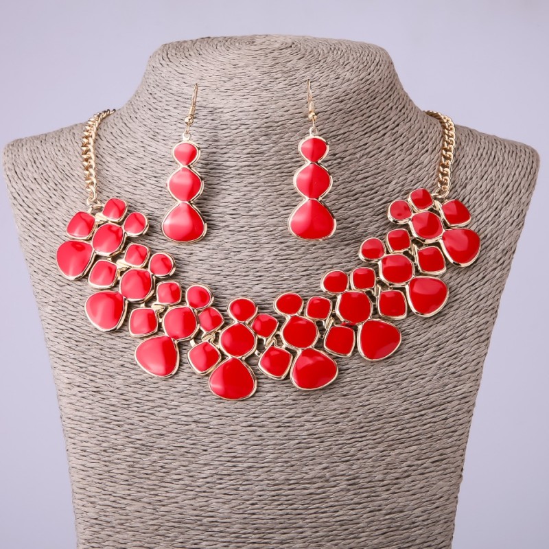 Necklace and Earrings Set with Red Enamel, length 46-52cm