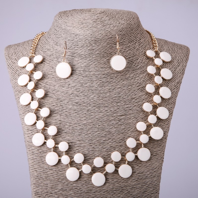 Necklace and Earrings Set with White Enamel, length 57-64 cm