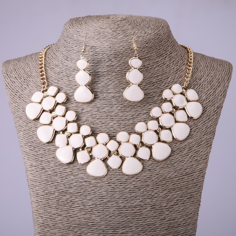 Necklace and Earrings Set with White Enamel, length 46-52 cm
