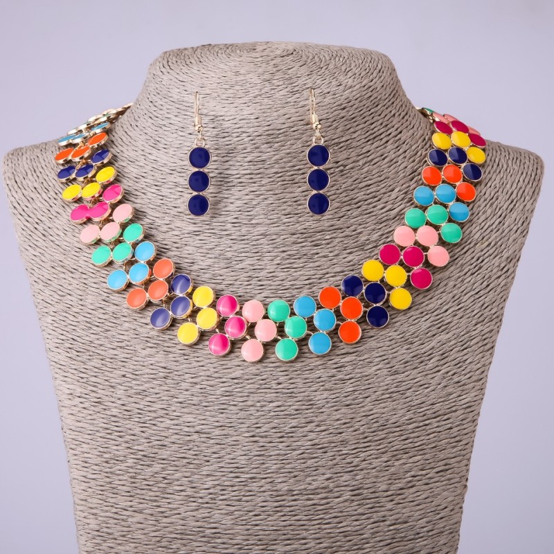 Set of Necklace and Earrings in Multicolored Enamel, length 45-50 cm