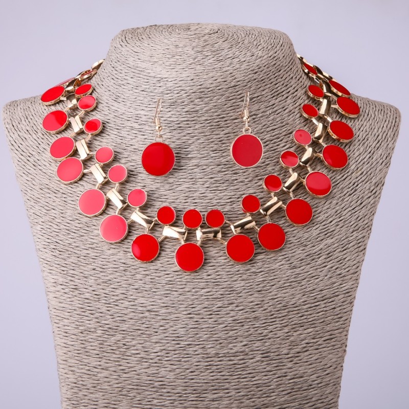 Set of Necklaces and Earrings Gate Theme in Red Enamel, length 45cm