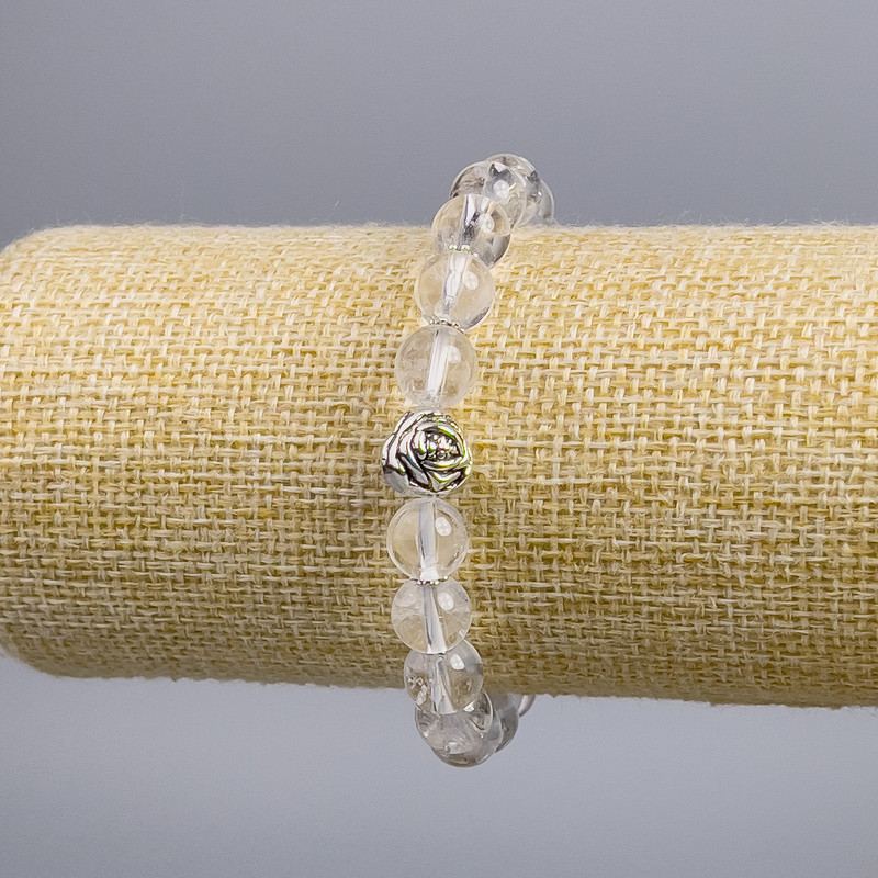 Bracelet made of Mountain Crystal with Rose inlay, smooth bead, diameter about 8+-mm, length 18cm stretch