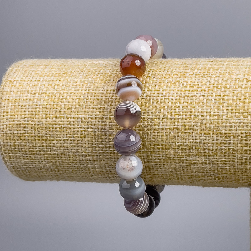 Bracelet of Botswana Agate Natural Stone Smooth Round Beads, diameter 10+-mm, length 18cm stretch