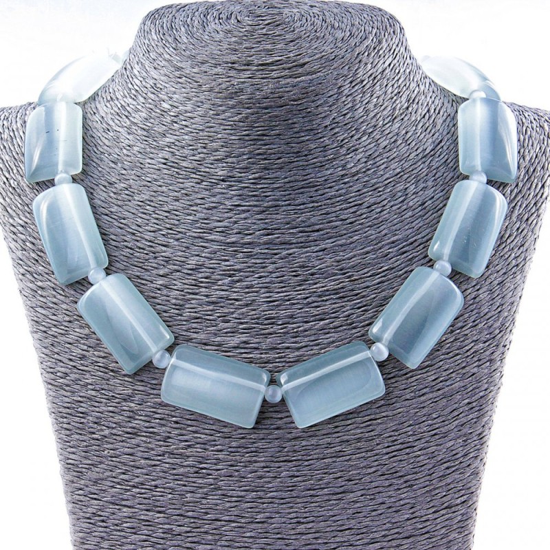 Cat's Eye Necklace with Rectangular 33×20 mm Inserts and Gray Rondelle Separator Beads, 50 cm