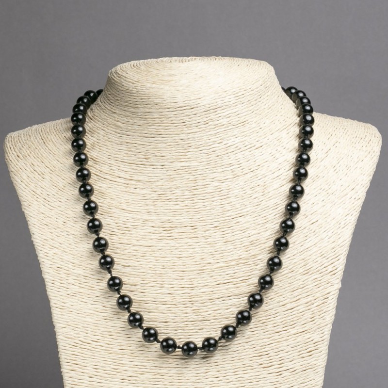 Necklace of natural black tourmaline, smooth round beads 8mm diameter, length 45cm