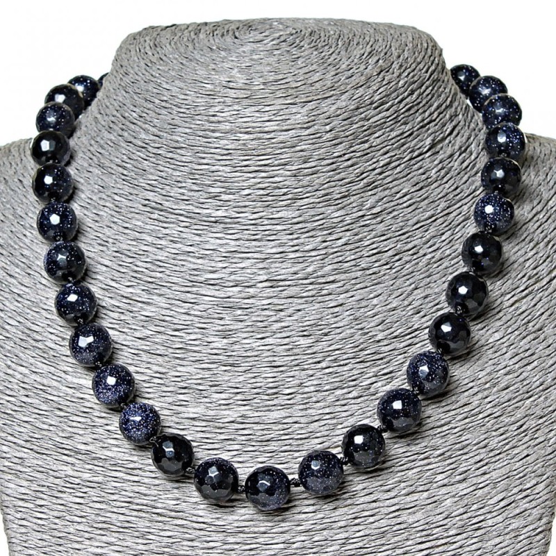 Necklace Aventurine (Synthetic) Blue Sand Kaïra Night, faceted 12mm bead, length 46cm
