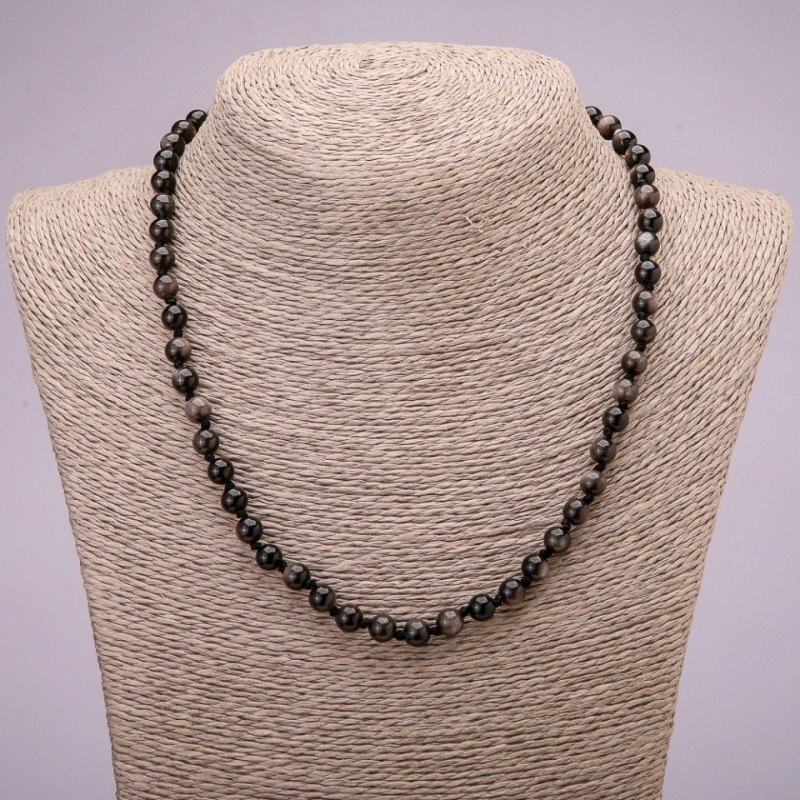 Natural Stone Necklace Silver Obsidian Smooth Round Bead, diameter 6±mm, length 45cm +