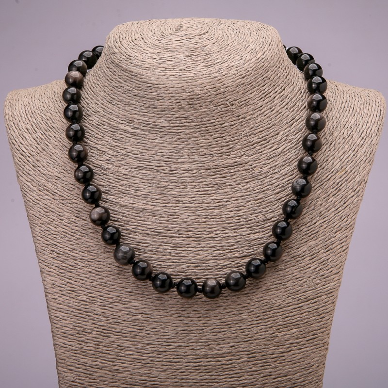 Necklace made of natural stone Silver Obsidian smooth bead, diameter 10 (+-) mm, length 45 cm