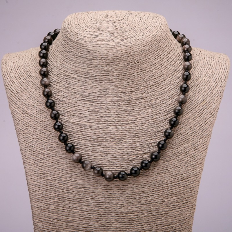 Necklace of Natural Stone Silver Obsidian Smooth Bead, diameter 8(±)mm, length 45cm +