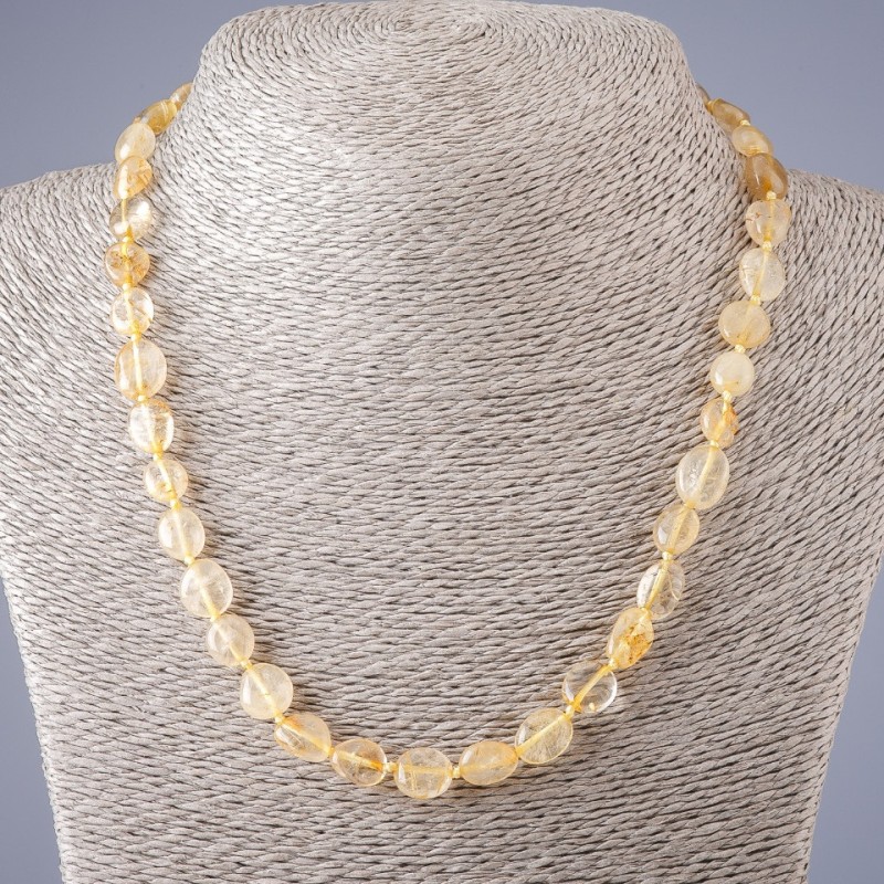 Necklace with natural rutilated quartz, gold hair-like inclusions, hammered coin beads, length 47 cm, bead diameter 5-10 mm