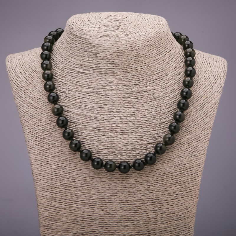 Necklace of Natural Stone Sunstone Obsidian Smooth Bead, diameter 10mm, length 48cm
