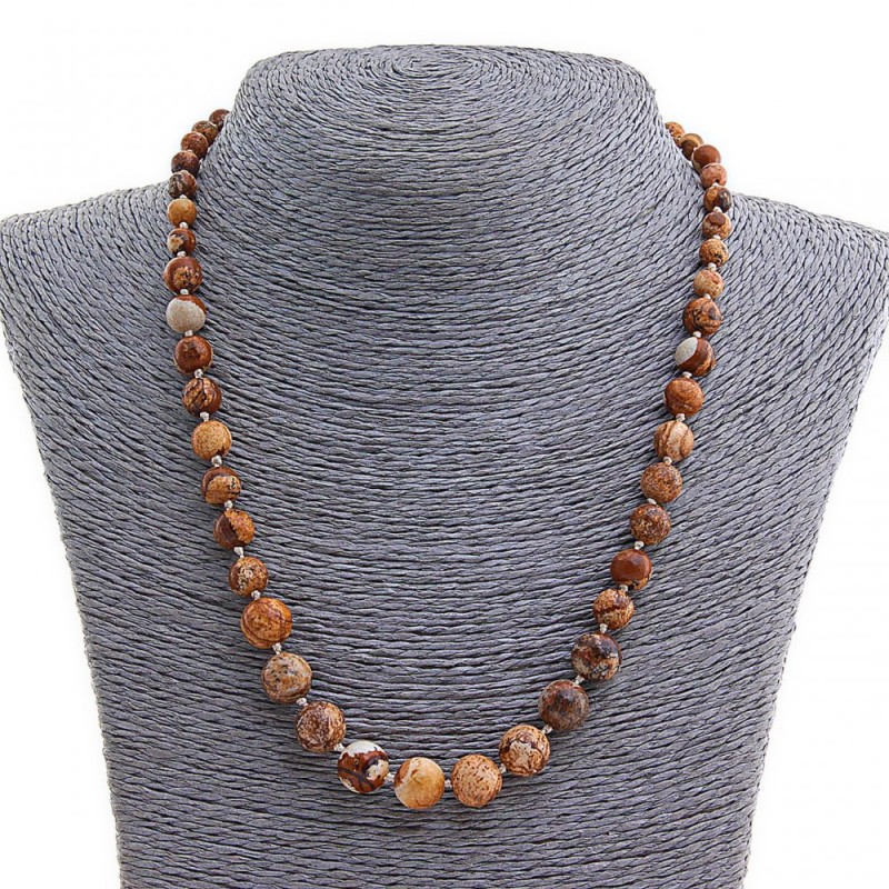 Jasper Bead Necklace, landscape pattern, natural stone, round beads on a 6-11 mm range, length 45 cm
