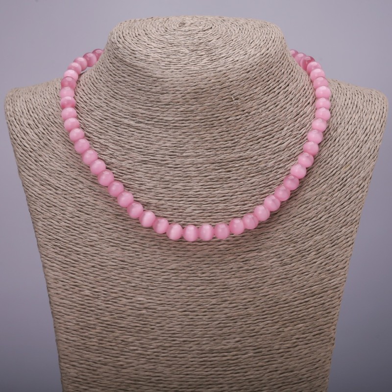 Cat's Eye Pink Smooth Bead Necklace, diameter 8± mm, length 42 cm
