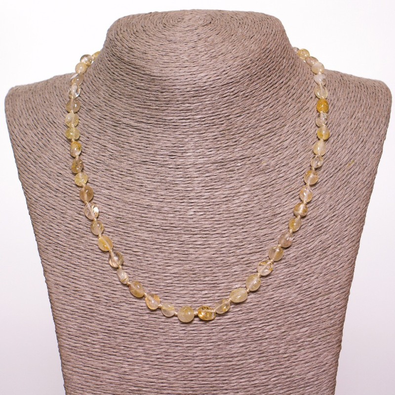 Rutilated quartz necklace "Hairy" oval, faceted, white gold tone, diameter 6mm (±), length 50cm