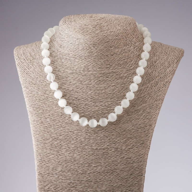 Cat's Eye White Pearl Smooth Sphere Necklace, 10mm diameter, 45cm length
