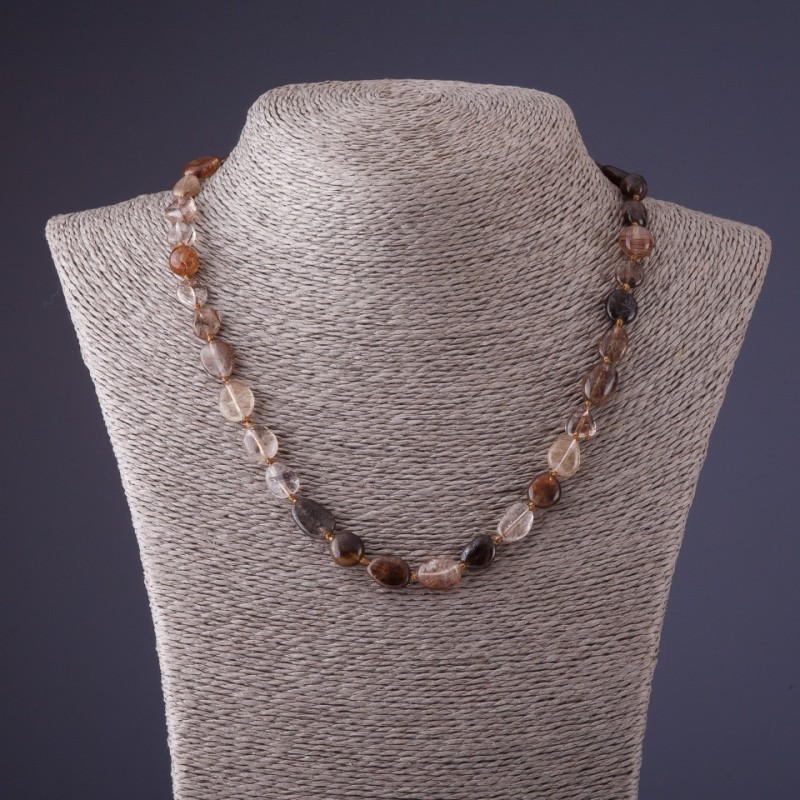 Rutilated Quartz Hairy Quartz Necklace, oval faceted, chocolate color, 8–10 mm diameter, 45 cm length