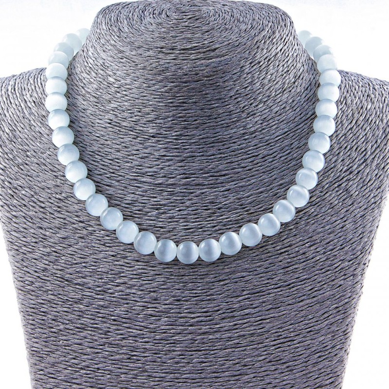 Cat's Eye Bead 10mm Round Grey Necklace, 40cm