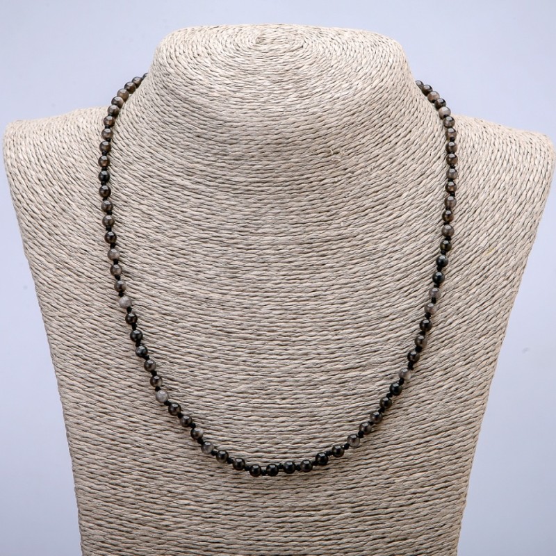 Natural Stone Necklace Silver Obsidian Smooth Bead 4 mm Diameter, 45 cm+ Length