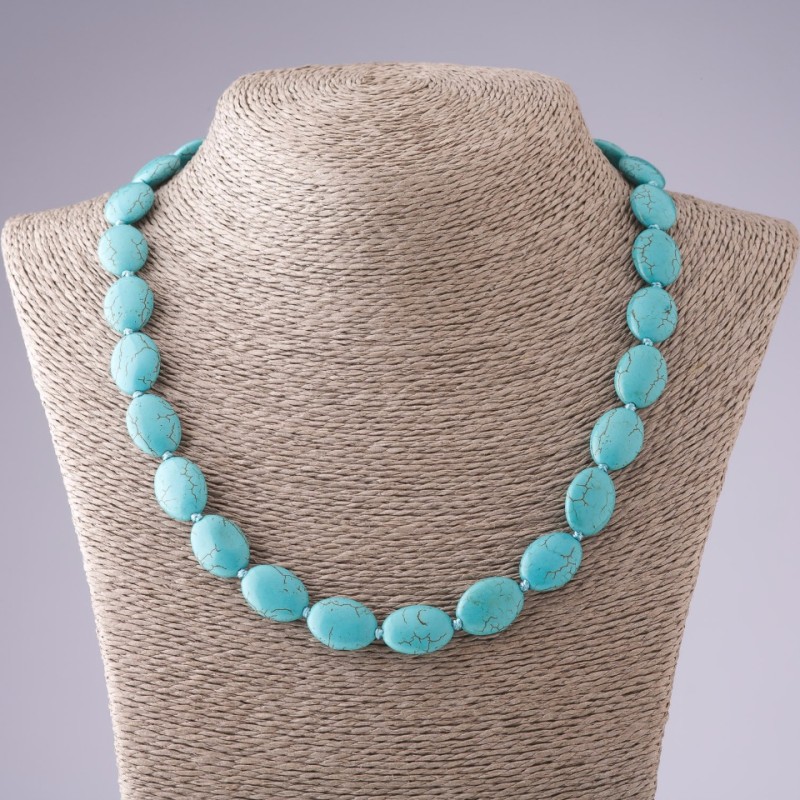 Necklace Turquoise green with veins oval, length 50cm, diameter 13×17mm