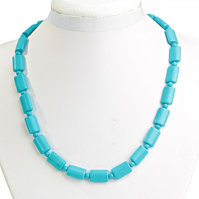 Blue Turquoise beaded necklace (single piece) rectangular 10×15mm and a bead between them, length 49 cm
