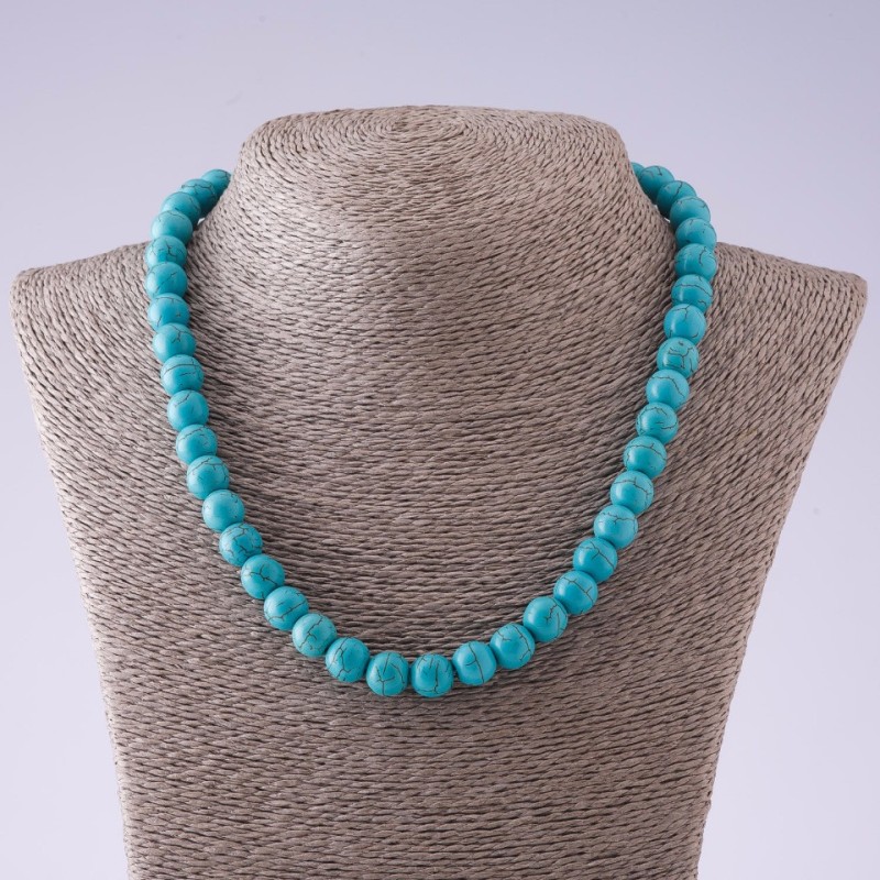 Necklace of Green Turquoise Natural Stone (polished) with veining, bead ball, 10 mm diameter, 46 cm length, no knots