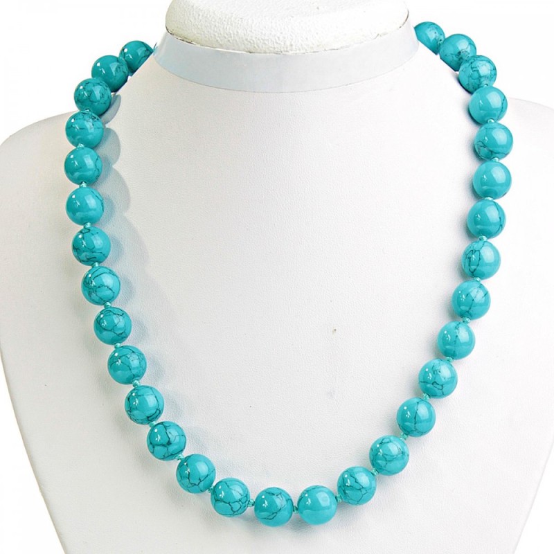 Blue Turquoise Bead Necklace with Veins, 12mm Round Beads, 50cm Long