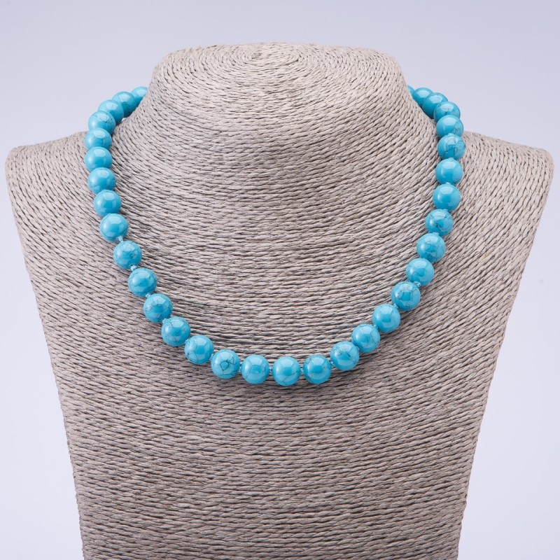 Turquoise Bead Necklace (natural) blue with veining polished ball, diameter 10mm, length 45cm
