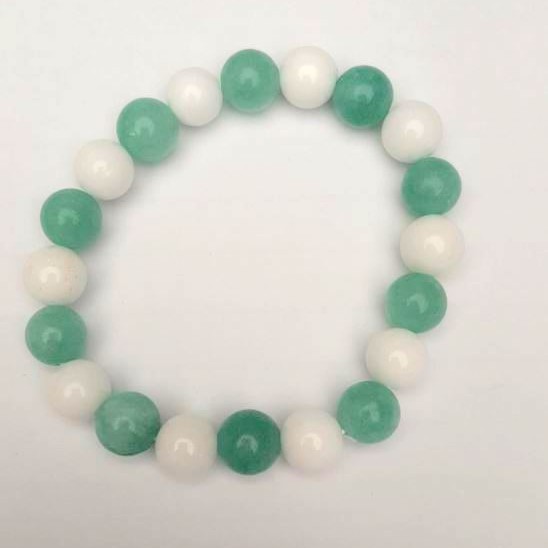 Bracelet Agate White (single) Bead, Aquamarine (single) Smooth Round Bead, diameter 10mm±, length 18cm (stretch)