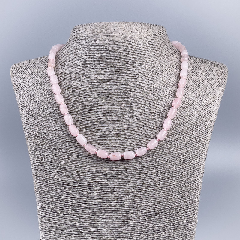 Necklace made of natural stone Pink Quartz cylinder, diameter 6×9 mm, length 48 cm