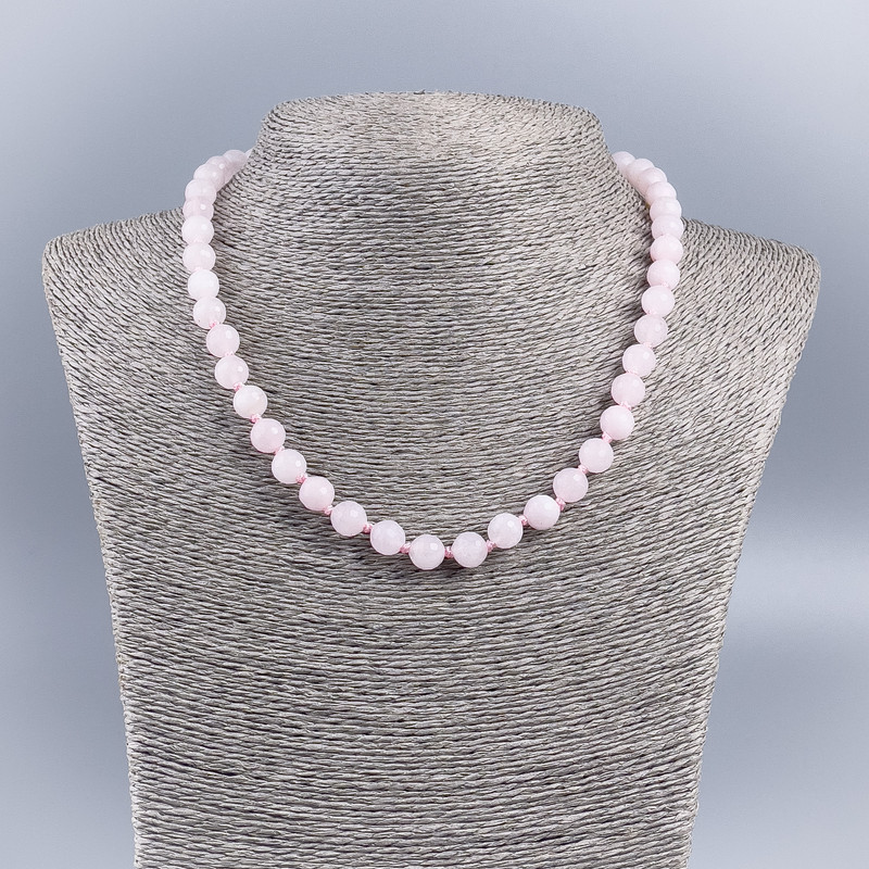 Natural Stone Necklace Pink Quartz Faceted Bead Opaque, 8mm Diameter, 48cm Length