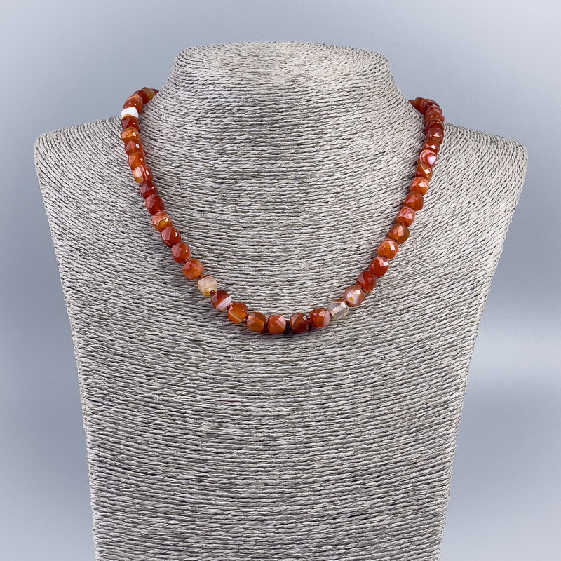 Carnelian and Sardonyx Necklace - Garnet-shaped Cubed Beads 7mm Diam., 48cm Length