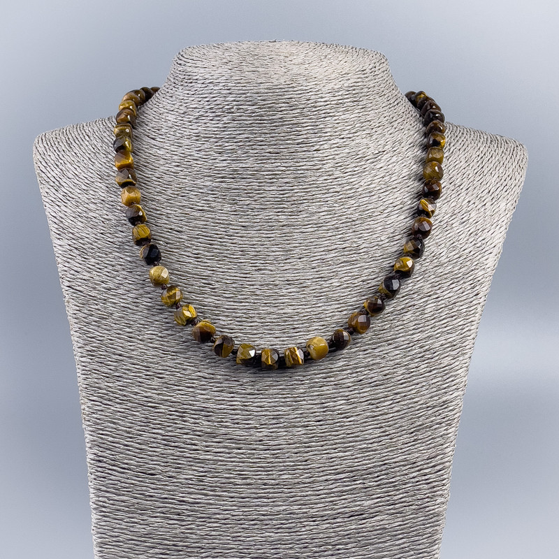 Tiger's Eye Bead Necklace, Faceted Cube 7mm, Length 48cm