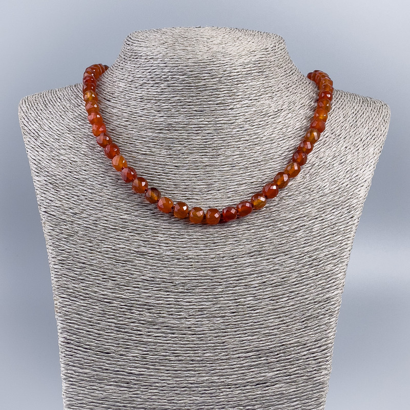Carnelian Bead Necklace with Carved Cubes, 7 mm diameter ±, length 48 cm ±