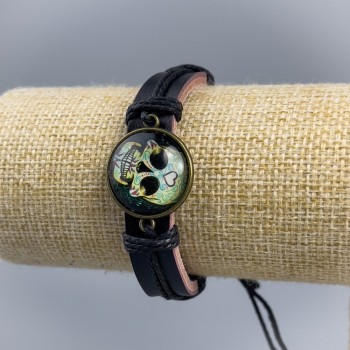 Eco Leather Bracelet Skull with Heart on Drawstrings 1pc