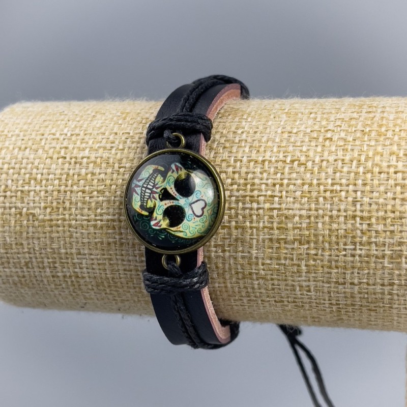 Eco Leather Bracelet Skull with Heart on Drawstrings 1pc