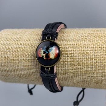 Eco Leather Bracelet with Skull and Flag on Adjustable Strap 1pc
